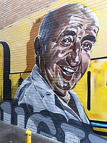 Mural of Nick Tsiligiris, former operator of Olympic Doughnuts, located on Leeds St, Footscray