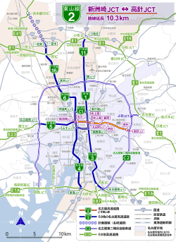 名古屋高速と周辺有料道路のルート図。青線が名古屋高速。東山線はオレンジの路線。