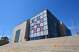 The National and University Library in Zagreb during the presidency, featuring the presidency's logo on its windows