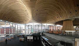 Hall and oriel of the Senedd building. Neuadd & Oriel, Senedd, Cardiff Bay.jpg