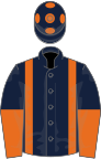 Dark blue, orange braces, halved sleeves, orange spots on cap