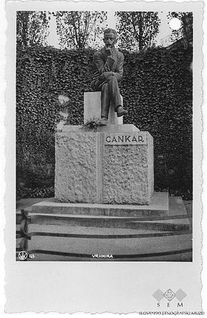 Slika:Postcard of Vrhnika, Ivan Cankar statue.jpg