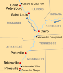 Carte très simplifiée. Tracé du fleuve et des États traversés, avec les noms des villes réelles ou fictives et d'autres lieux du récit.