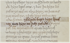 A detail from folio 36.r of MS Stowe 944 (the Hyde Register), which names the saint as being interred at Ely Cathedral near to her sisters: And Sancta Wihtburh hyre sweostor mid hyre nu thaer rested.
(British Library) Saint Wihtbuhr (MS London, British Library, Stowe 944).png