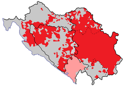 The distribution of Serbs and Montenegrins (in light red) in Croatia, Bosnia, Montenegro and Serbia in 1981 Serbs in Croatia, Bosnia, Montenegro and Serbia, 1981.png