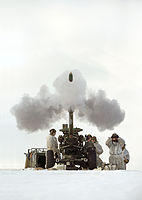 Soldiers of 29 Commando Regiment Firing a 105mm Light Gun on exercise in Norway, February 2014.