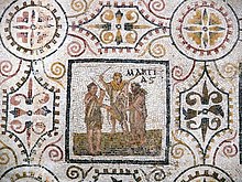 March panel from a mosaic of the months, possibly the Rite of Mamurius (from El Djem, Tunisia, first half of 3rd century AD); despite the late date, March is positioned as the first month of the year Sousse mosaic calendar March.JPG