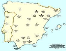 Reconquista of the main towns, per year (present-day state borders) Spain Reconquista cities.png