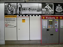The St James Metro station ticket hall carries artwork depicting a timeline of the history of Newcastle United St James Metro station ticket hall 1.jpg