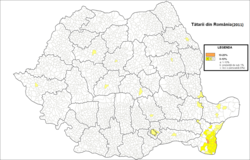 A tatárok területi megoszlása Romániában a 2011-es népszámlálás szerint
