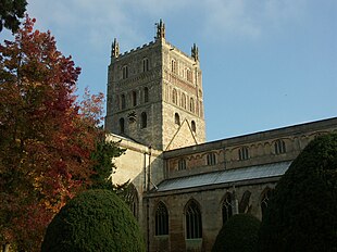 The tower is the largest Romanesque crossing tower in Europe. Tewkesbury abbey 02.JPG