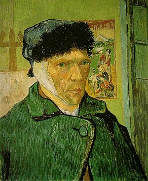 A self-portrait by Vincent van Gogh with a ban...
