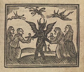 Păpuși voodoo europene oferite Diavolului. Ilustrație din The history of witches and wizards (1720)