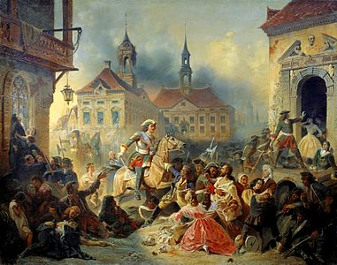 Petro la 1-a de Rusio pacigas siajn maltrankvilajn trupojn post rekapti Narva en 1704 (1859)