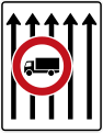 Zeichen 524-33 Fahrstreifentafel – ohne Gegenverkehr mit integriertem Zeichen 253 – fünfstreifig in Fahrtrichtung; neues Zeichen