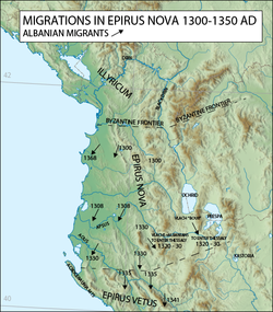 Разселване на албанците от Арбанон (1300 – 1350) – съвременната гръцка историография счита, че албанците са пришълци от 14 век и в Северен Епир