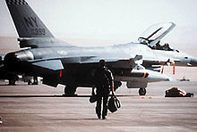A New York Air National Guard F-16 pilot from the 174th Tactical Fighter Wing, 138th Tactical Fighter Squadron, preparing to take-off on a combat mission from a Saudi Arabian base during Operation Desert Storm, 1991 174th FW 138th FS Desert Storm 1991.jpg