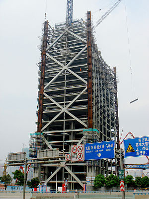 Construction photo of the Pearl River Tower