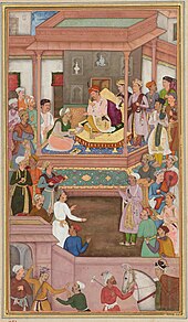 Abu'l-Fazl ibn Mubarak presenting Akbarnama to Mughal Azam Akbar, Mughal miniature AbulFazlPresentingAkbarnama.jpg
