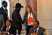 Power with South Sudanese President Salva Kiir at the U.S.-Africa Leaders Summit in Washington, D.C., August 6, 2014 Ambassador Power Speaks With South Sudanese President Kiir (14843776764).jpg