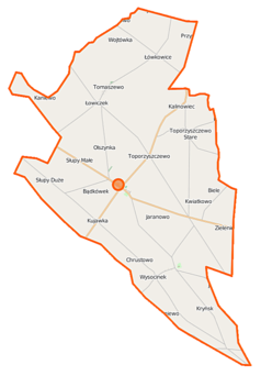 Mapa konturowa gminy Bądkowo, u góry znajduje się punkt z opisem „Parafiapw. Świętego Krzyżaw Łowiczku”