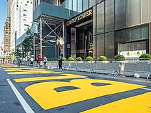 Trump Tower with Black Lives Matter mural painted in front in July 2020 BLM mural in front of Trump Tower (90240).jpg