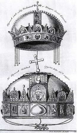 A felső kép Révay Péter koronaőr 1613-ban megjelent könyvének illusztrációját másolja. Az alsó kép a Szent Korona 1790-es vizsgálata alapján készült