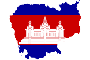 Flag of Cambodia set to the shape of the country.