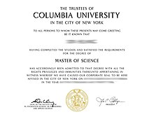 A Master of Science degree conferred from Columbia University, an Ivy League university in New York City Columbia University Master's Degree.jpg