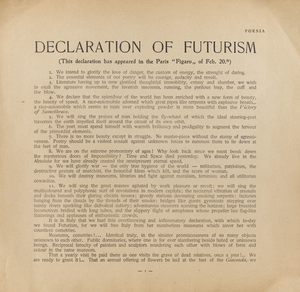 The first page of the English version of Manifesto of Futurism as it appeared in Poesia DeclarationOfFutuism-EN-1.png