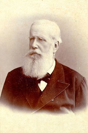 Half-length photographic portrait of an older man with white hair and beard dressed in a dark jacket and necktie