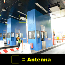 An E-ZPass toll booth in New York City with its transmission antennae highlighted in the yellow boxes EZPass how to.PNG