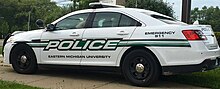 A typical U.S. campus police car, with the name of the school appearing below Eastern Michigan University Police Department vehicle (5560).jpg