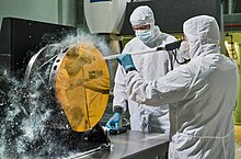Engineers cleaning a test mirror with carbon dioxide snow, 2015 Engineers Clean JWST Secondary Reflector with Carbon Dioxide Snow.jpg