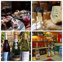 English foods: clockwise from top left--tea cakes, cheeses, wines and cider English-cusine-exports.jpg