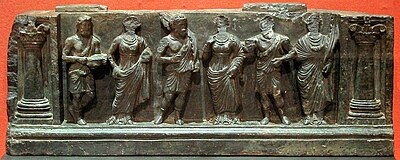 Greco-Buddhist frieze of Gandhara with devotees, holding plantain leaves, in Hellenistic style, inside Corinthian columns, 1st-2nd century AD, Buner, Swat, Pakistan, Victoria and Albert Museum GandharaDonorFrieze2.JPG