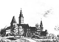 Lithographie C.W. Woerishoffer "Das alte Schloß in Hanau vor dem Abbruch". Stadtschloss Hanau um 1828 vor Beginn der Abbrucharbeiten. Ansicht von Nordwesten.