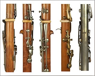 Verschiedene Modelle der Daumenstütze bei historischen Klarinetten (von links): ohne Stütze, Stütze aus Holz, Stützen aus Metall