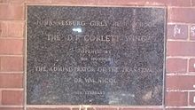 The D.F. Corlett Wing, Opened by his honour, The Administrator Of The Transvaal, Dr. WM. Nicol, 9 February 1955 Johannesburg Girls' High School.jpg