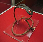 Gammelt kyskhetsbelte lånt fra Museum-Kasteel Sypesteyn i Nieuw-Loosdrecht vist i Helms-Museum i Hamburg