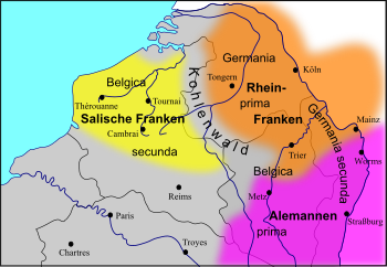 gelb: Ungefähres Gebiet der Salfranken in der Belgica Secunda zur Zeit Childerichs; orange: Rheinfranken; rosa: Alemannen