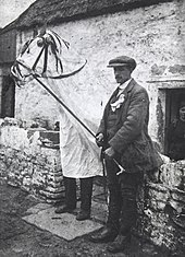 A Mari Lwyd c. 1910-1914. Traditionally carried from door to door during Calennig in Wales Mari Lwyd NLW.jpg