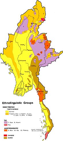 An ethno-linguistic map of Burma. The Karen live in the southern Irrawaddy river delta and along the border with Thailand MyanmarEthnolinguisticMap1972.jpg