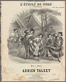 Illustration of people dancing with text that reads, "Polka Mazurka sur L'Etoile Du Nord de C. Meyerbeer pour le piano par Adrien Talexy."
