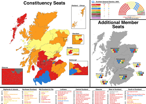 A map showing the constituency winners of the Election by their party colours.