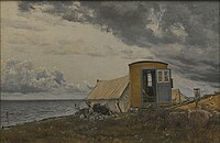 Вид морского берега в Эно с фургоном и палаткой художника.