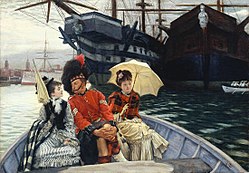 солдат в шотландской форме с молодыми женщинами по бокам в маленькой лодке