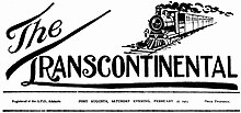 Masthead (nameplate) of The Transcontinental in 1915 Transcontinental (Port Augusta) masthead 27 February 1915.jpg