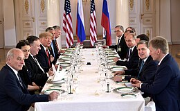 Talks between U.S. delegation headed by Trump and Russian delegation headed by Vladimir Putin at the summit in Helsinki, Finland July 16, 2018. Vladimir Putin & Donald Trump in Helsinki, 16 July 2018 (4).jpg