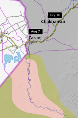 8月7日にザランジで行われたタリバン主導の攻撃の地図